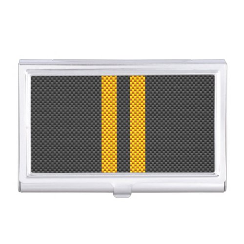 Vibrant Yellow Racing Stripes Carbon Fiber Style Business Card Case