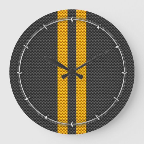 Vibrant Yellow Racing Stripes Carbon Fiber Style Large Clock