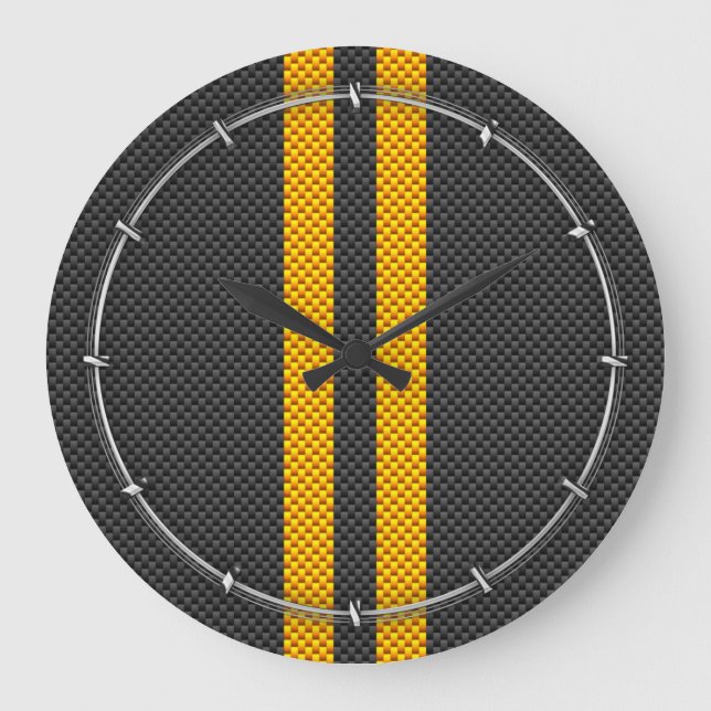 Vibrant Yellow Racing Stripes Carbon Fiber Style Large Clock (Front)