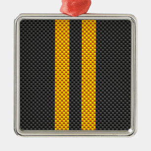 Vibrant Yellow Racing Stripes Carbon Fiber Style Metal Ornament