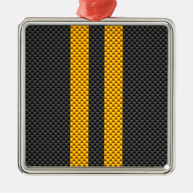 Vibrant Yellow Racing Stripes Carbon Fiber Style Metal Ornament (Front)