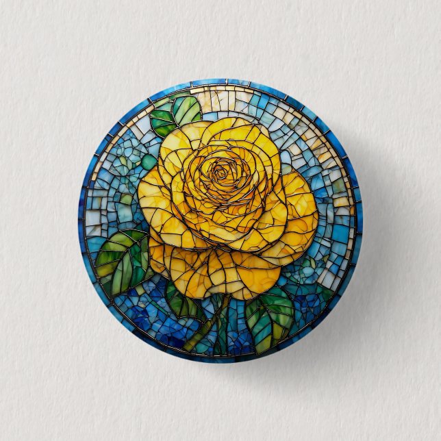 Vibrant Yellow Rose Circular Stained Glass Art Button (Front)