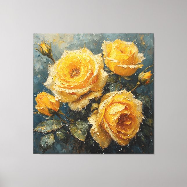Vibrant Yellow Roses with Dew Oil Painting Canvas Print (Front)
