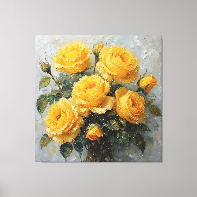 Vibrant Yellow Roses with Dew Oil Painting Canvas Print (Front)
