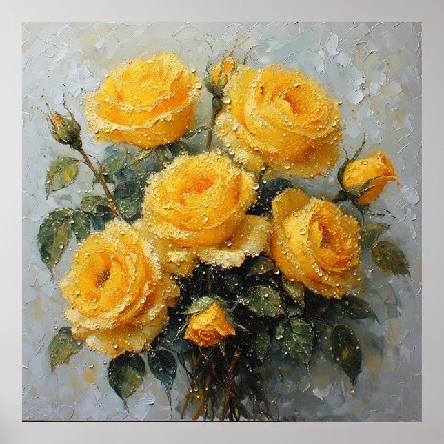 Vibrant Yellow Roses with Dew Oil Painting Poster (Front)