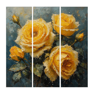 Vibrant Yellow Roses with Dew Oil Painting Triptych