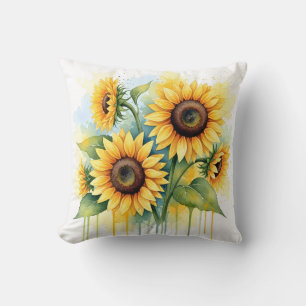 Vibrant Yellow Sunflower Watercolor Drip Throw Pillow