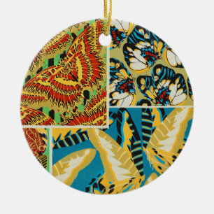 Vibrant Yellow & Teal Art Deco Butterfly Art Ceramic Ornament