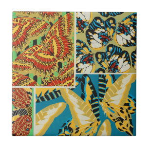 Vibrant Yellow & Teal Art Deco Butterfly Art Ceramic Tile