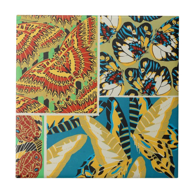 Vibrant Yellow & Teal Art Deco Butterfly Art Ceramic Tile (Front)