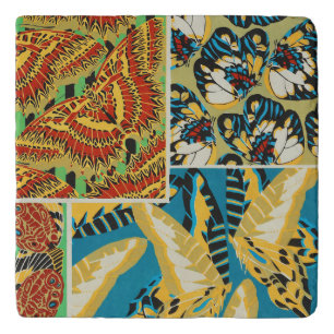Vibrant Yellow & Teal Art Deco Butterfly Art Trivet