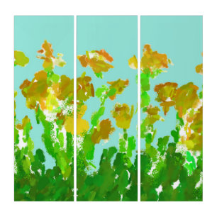Vibrant Yellow Wildflowers & Sky Triptych Wall Art