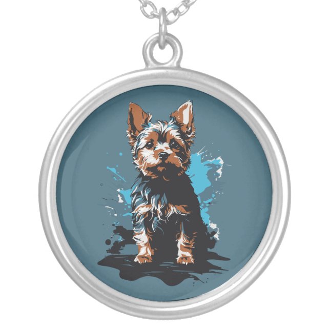 Vibrant Yorkshire Terrier Splash Art  Silver Plated Necklace (Front)