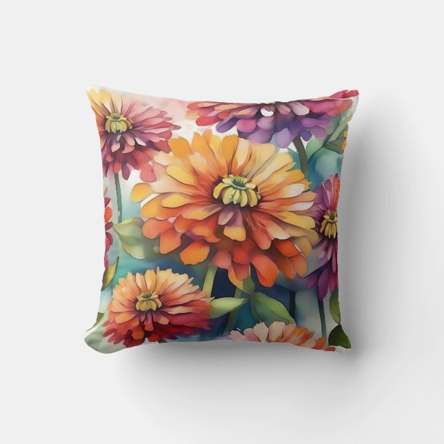Vibrant Zinnia Blooms Abstract Watercolor Throw Pillow (Front)