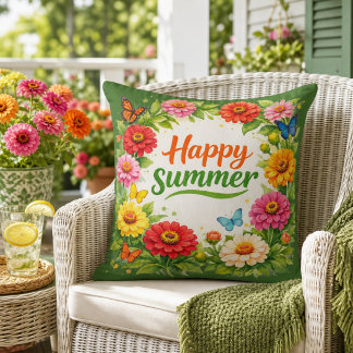 Vibrant Zinnia Flowers Happy Summer Green Outdoor Pillow