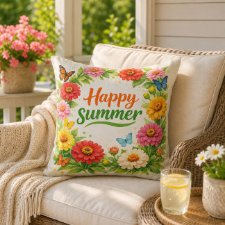 Vibrant Zinnia Flowers Happy Summer White Outdoor Pillow