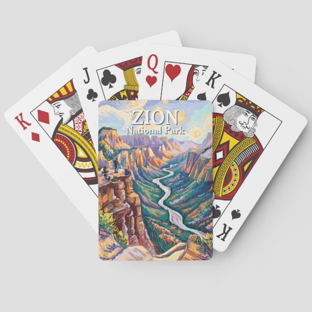 Vibrant Zion National Park Canyon River Hiking Art Poker Cards (Back)