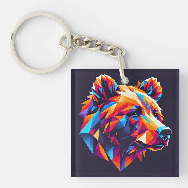 Vibrantly Colored Geometric Bear Illustration Keychain (Front)