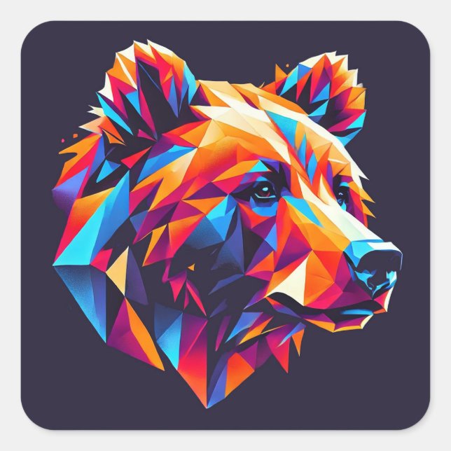 Vibrantly Colored Geometric Bear Illustration Square Sticker (Front)