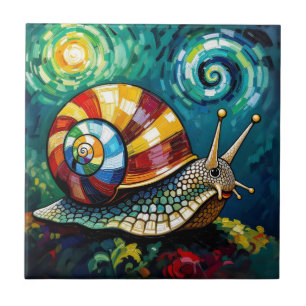 Vibrantly Colorful Impasto Whimsical Snail Ceramic Tile