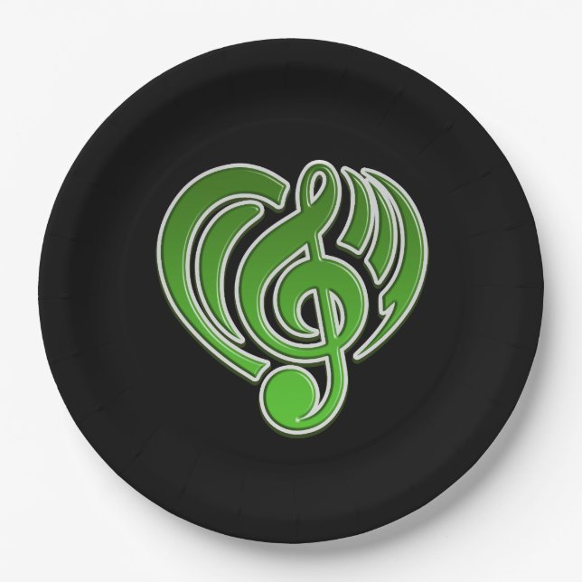 Vibrations Musical Love Green Heart Music Note DJ Paper Plates (Front)