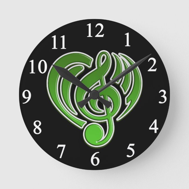 Vibrations Musical Love Green Heart Music Note DJ Round Clock (Front)