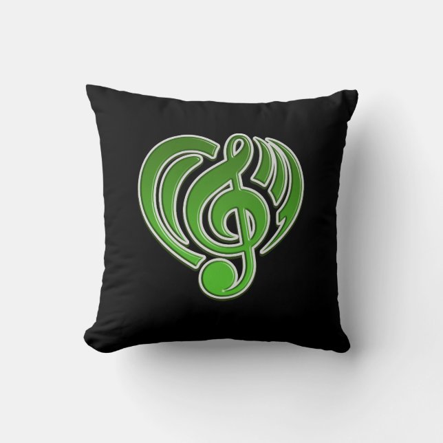 Vibrations Musical Love Green Heart Music Note DJ Throw Pillow (Front)