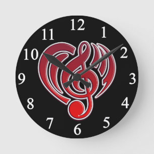 Vibrations Musical Love Red Heart Music Note DJ Round Clock