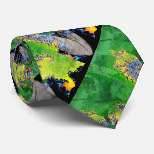 VIBRATIONS OF MATTER,LADY IN GREEN YELLOW FRACTALS NECK TIE (Rolled)