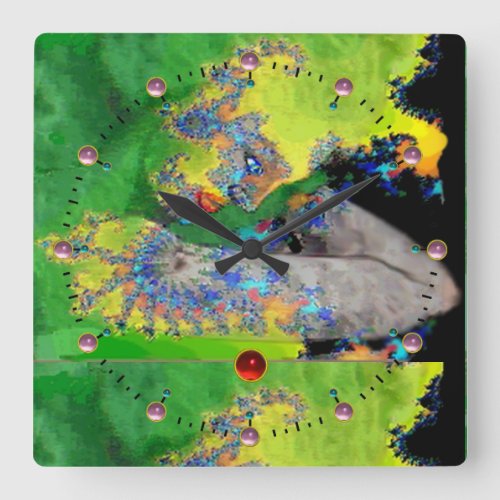 VIBRATIONS OF MATTERLADY IN GREEN YELLOW FRACTALS SQUARE WALL CLOCK