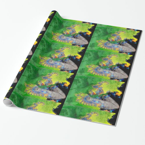VIBRATIONS OF MATTERLADY IN GREEN YELLOW FRACTALS WRAPPING PAPER