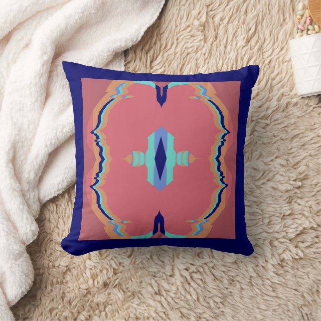 Vibrations on Blue/Aqua/Orange/Salmon Throw Pillow (Blanket)