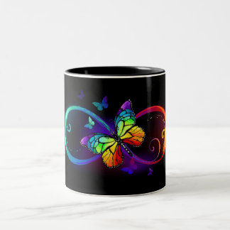 Vibrity with rainbow butterfly on black Two-Tone coffee mug