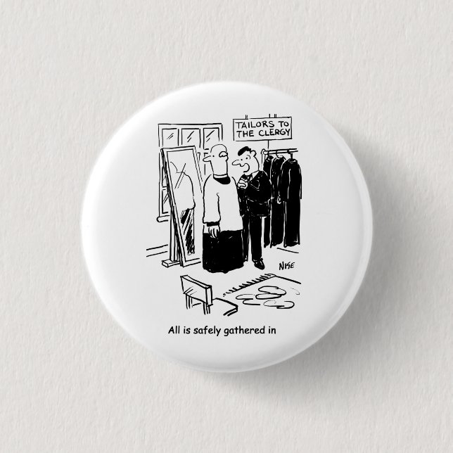 Vicar has a Cassock Fitting Church Cartoon Button (Front)