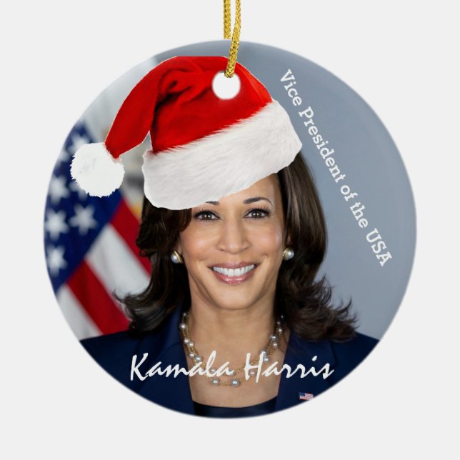 Vice President Kamala Harris  in Santa Hat  Ceramic Ornament (Front)