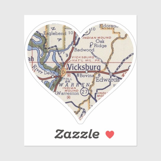 Vicksburg MS Vintage Map Sticker (Sheet)