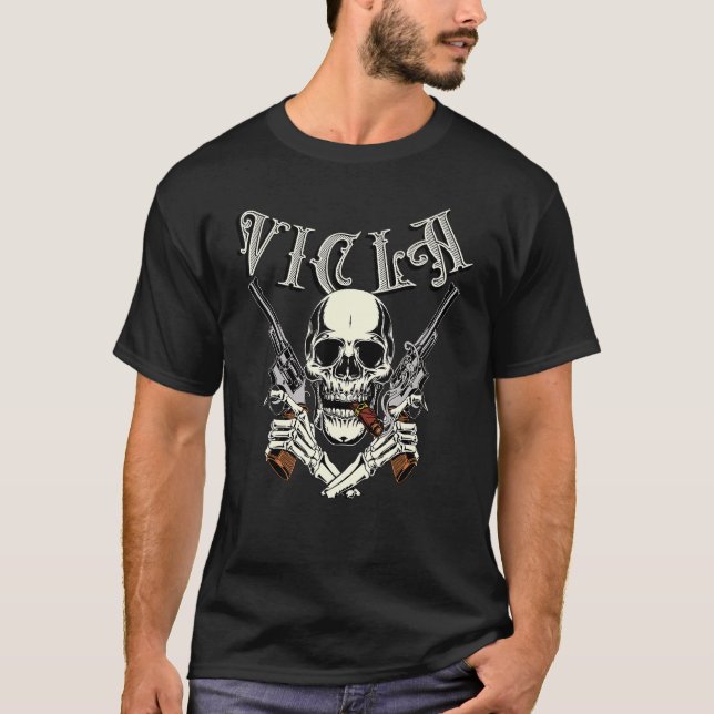 Vicla Gangster Skull With Crossed Pistols Design T-Shirt (Front)