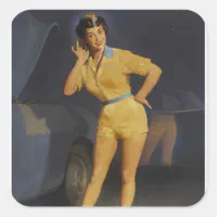 Girl Fishing Pin Up Art Square Sticker