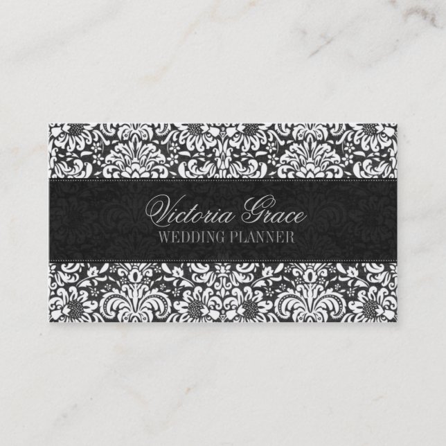 Victoria Black Gray Damask Chic Business Card (Front)