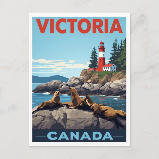 Victoria Canada Sea Lions and Lighthouse Travel Postcard (Front)