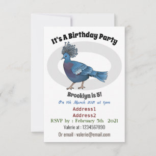 Victoria crowned pigeon bird cartoon illustration invitation