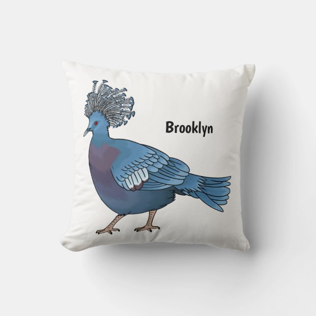 Victoria crowned pigeon bird cartoon illustration throw pillow (Front)
