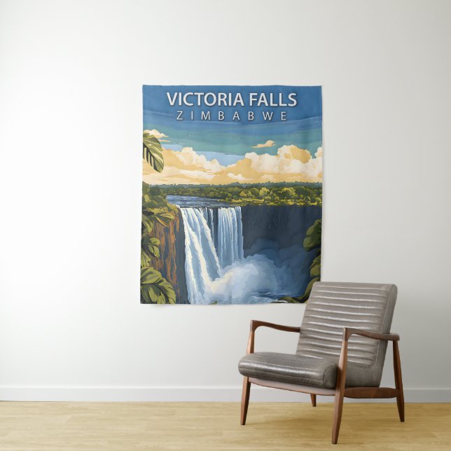 Victoria Falls – Retro Travel Poster of Zimbabwe Tapestry (In Situ)