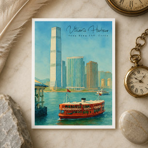 Victoria Harbor Hong Kong Retro Skyline Holiday Postcard