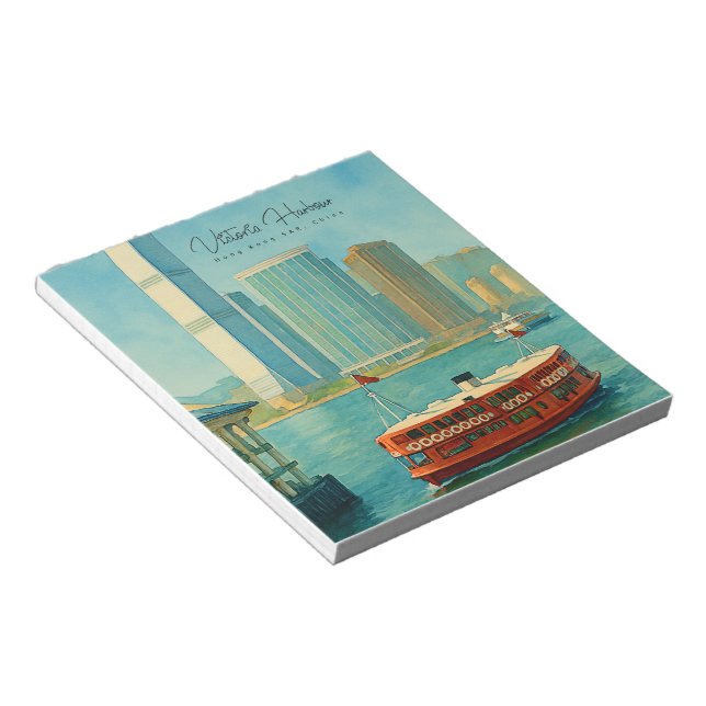 Victoria Harbor Hong Kong Retro Skyline Notepad (Angled)