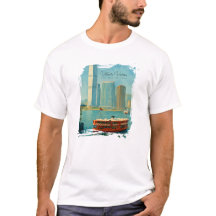 Victoria Harbor Hong Kong Retro Skyline Watercolor