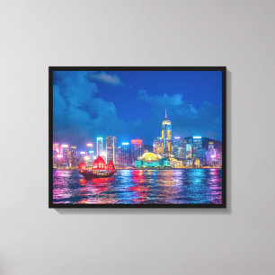 Victoria Harbor & Hong Kong Skyline at Night Canvas Print