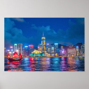 Victoria Harbor & Hong Kong Skyline at Night Poster