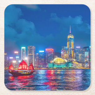 Victoria Harbor & Hong Kong Skyline at Night Square Paper Coaster