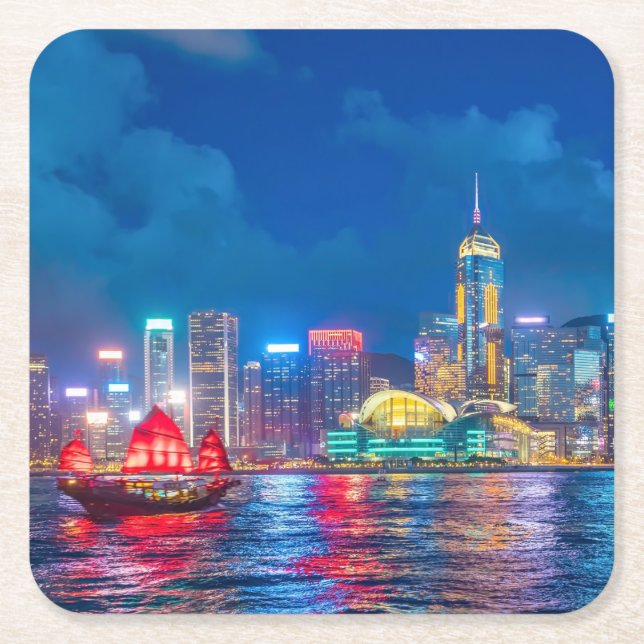 Victoria Harbor & Hong Kong Skyline at Night Square Paper Coaster (Front)